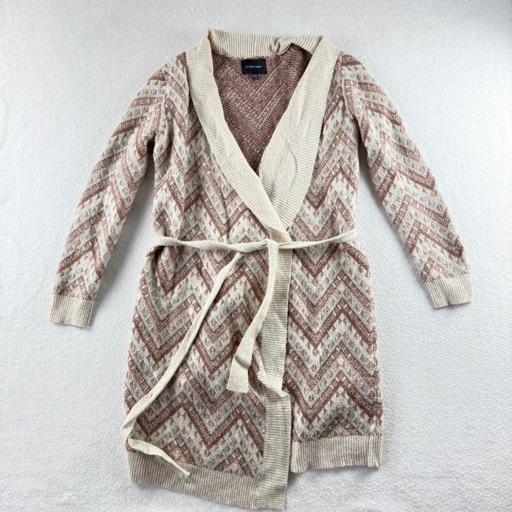 La Fee Verte Women XS/S Chevron Metallic Belted Longline Cardigan Sweater Brown